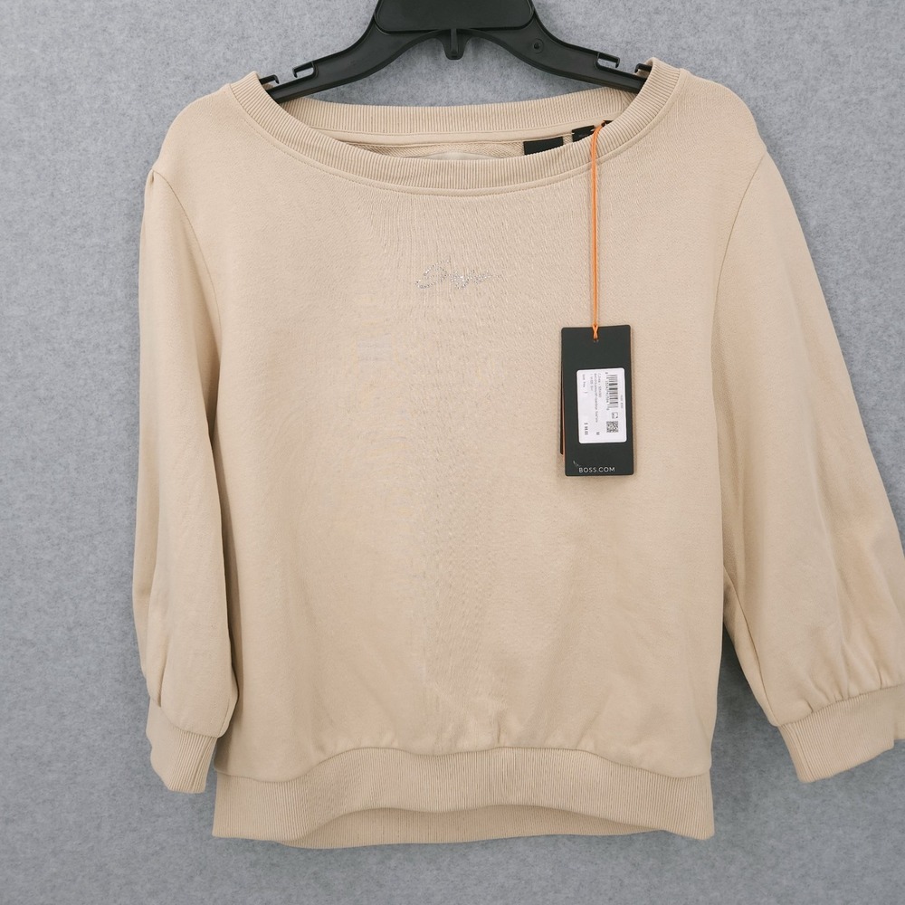 Boss Orange Evela Logo Long Sleeve Beige Round Neck Sweatshirt Womens Size M